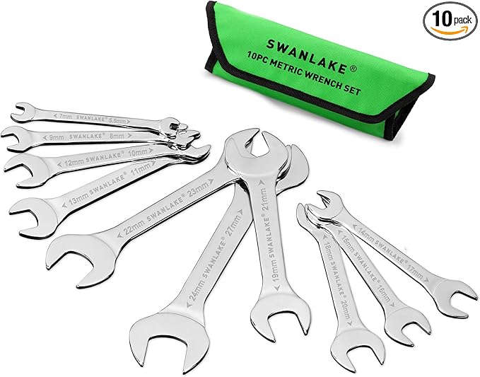 SWANLAKE 10-Piece Metric Super-Thin Open End Wrench Set, Carbon Steel, 5.5, 7, 8, 9, 10, 11, 12, 13, 14, 15, 16, 17, 18, 19, 20, 21, 22, 23, 24, 27mm, Slim Spanner Set with Rolling Pouch