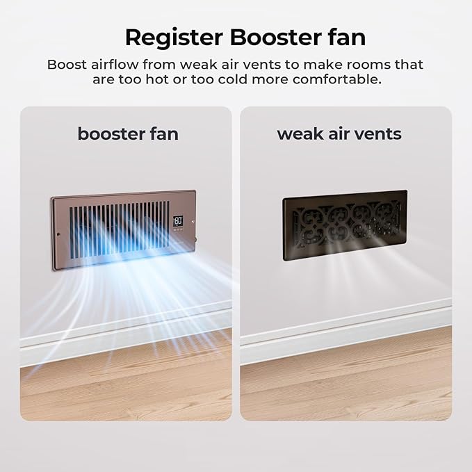 Quiet Register Booster Fan Fits 4" x 12" Register Holes, 10-Speed Smart Heating Cooling AC Vent Fan with Remote Control and Thermostat Control - Bronze