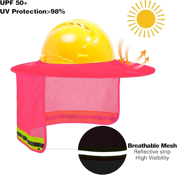 TCCFCCT Hard Hat Sun Shade Full Brim, Mesh High Visibility Hard Hat Visor Neck Shade Accessories, (Hats Not Included), Pink 3 Packs