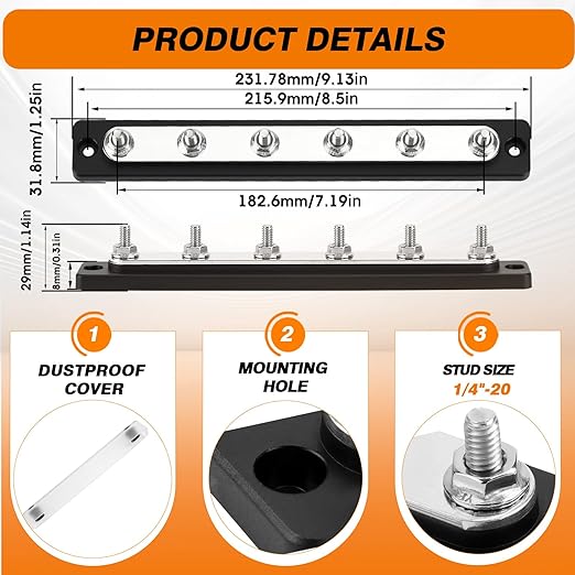 Common Busbar Power Distribution Block Battery Terminal Block for Car & Marine Applications 1/4" M6 150A with Dustproof Cover CBB (6 Poles)