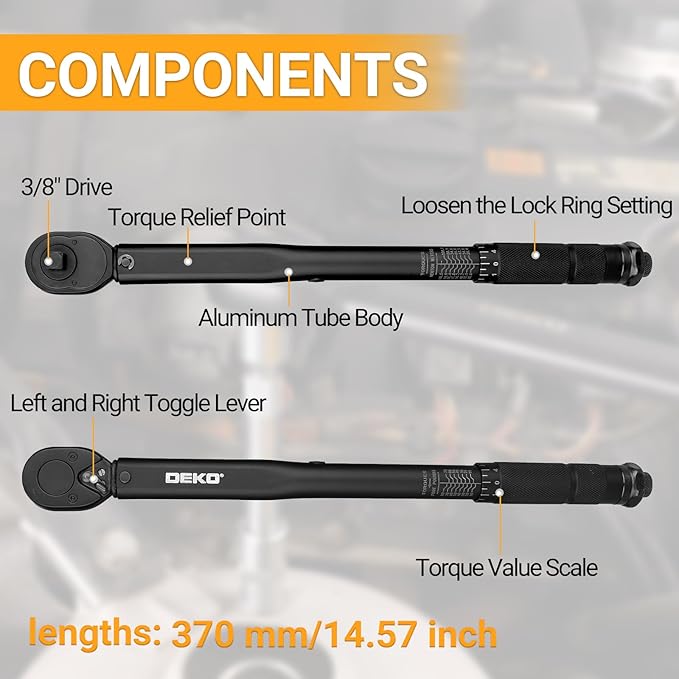 DEKOPRO 3/8 Inch Drive Dual-Direction Torque Wrench, 10-80 Ft-Lb & 13.6-108.5 Nm Range, ±4% Precision, 24-Tooth Chrome Vanadium Ratchet, 14.5inches Anti-Slip Matte Handle