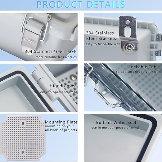 IP67 Waterproof Junction Box, ABS Plastic Electrical Enclosure with Stainless Steel Latch, Hinged Cover Electric Box with Mounting Plate, Wall Brackets & Cable Glands 220x170x110mm