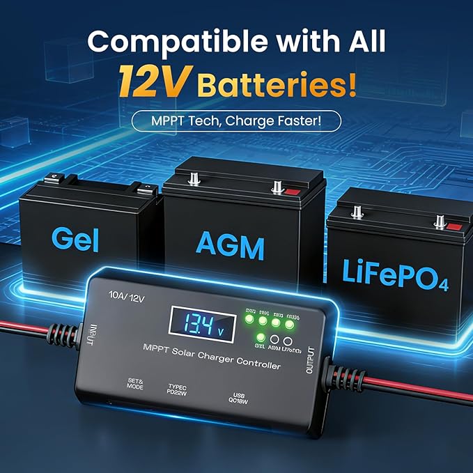 MPPT Solar Charge Controller 12V 10A, with LCD Display & Type-C/USB Output, Compatible with LiFePO4, AGM, Gel Batteries, Zero Battery Drain Technology for Off-Grid Solar System