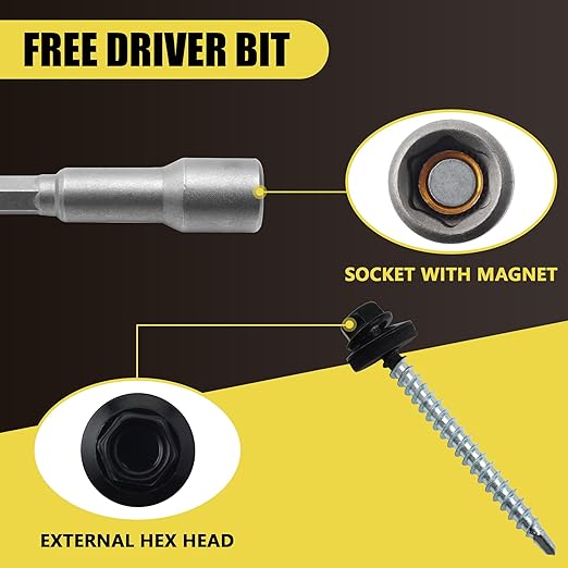 200pcs #10 x 2 Black Hex Head Self-Drilling Metal Roofing Screws, EPDM Washer, Colored Head, Wood Screws, Sheet Metal Roof Screw with Hex Driver Bit (Black, 2 in)