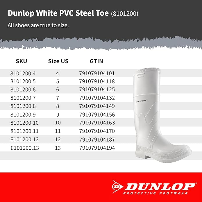 DUNLOP White PVC Steel Toe - Rubber Boots for Men & Women - PVC - Work & Concrete Boots - Steel toe - Waterproof with Tall shaft - Chemical and Slip resistant - White - Size 3-13
