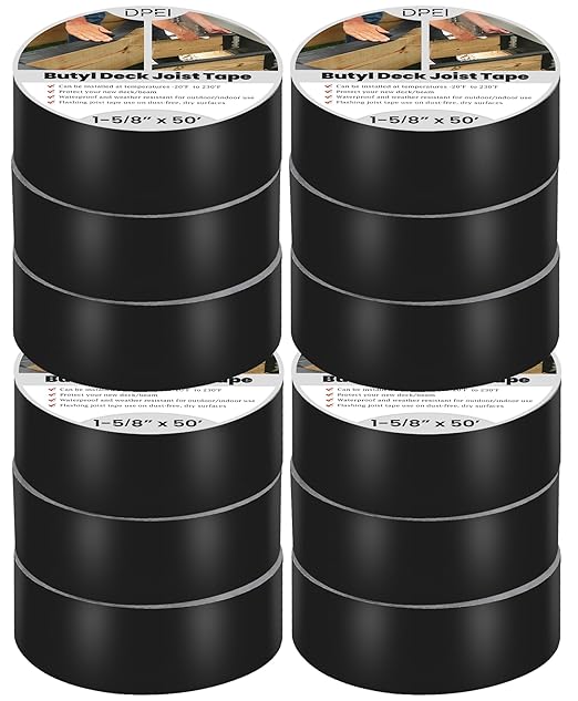 DPEI 12 Pack Joist Tape for Decking,1 5/8" X 50' Heavy Duty Deck Joist Tape Protect Joist Flashing Tape Butyl Deck Tape for Joists,Beams