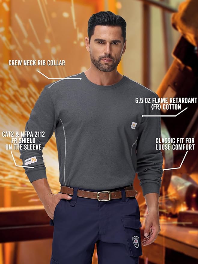 FR Shirts for Men CAT2/HRC2 6.5oz Lightweight Fire Resistant Shirts for Men Long Sleeve Crewneck T-Shirt