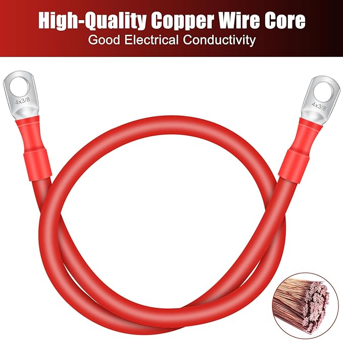 Hoteam 6 Pcs Battery Cable Copper Battery Inverter Cables with Terminals 3/8 Inch Lugs Red and Black Both Ends Power Inverter Wire for Solar Motorcycle Automotive RV Car Boat Marine (4awg,2ft)