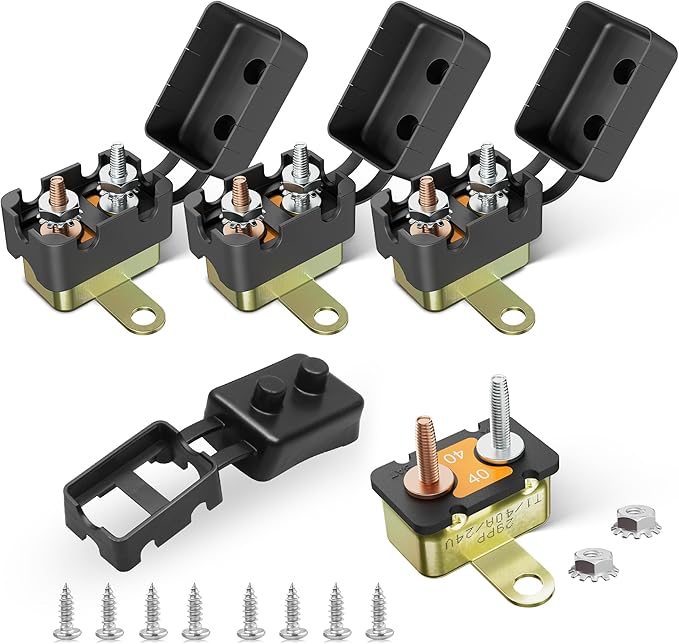 RED WOLF (40A 4PCS) DC 6V-50V Automatic Reset Circuit Breaker #10-32 Stud Bolt Type Circuit Breaker with Metal Fuse Housing Pre-Trimmed Cover Reusable for Boat Marine Trolling Motor RV Battery System