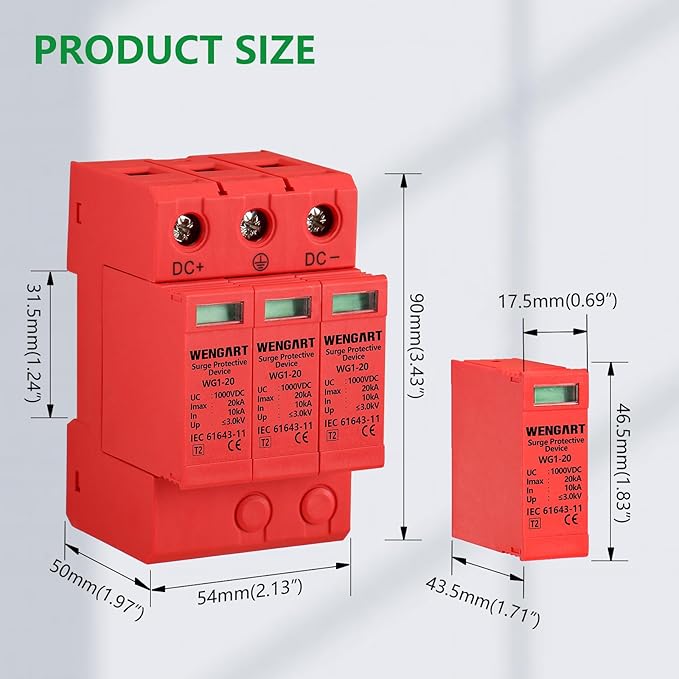DC 1000V Surge Protective Device (SPD), 3-Pole 20kA Solar PV Lightning Arrester, Photovoltaic Surge Suppressor, DIN Rail Mount, Replaceable Modular Design, Red