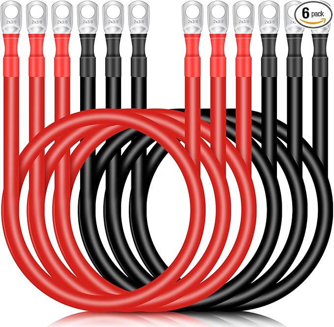 Hoteam 6 Pcs Battery Cable Copper Battery Inverter Cables with Terminals 3/8 Inch Lugs Red and Black Both Ends Power Inverter Wire for Solar Motorcycle Automotive RV Car Boat Marine(2awg,2ft)