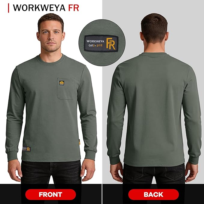 WORKWEYA Men's FR Shirts 6.5oz Lightweight Long Sleeve Flame Resistant T-Shirt NFPA 2112/CAT2