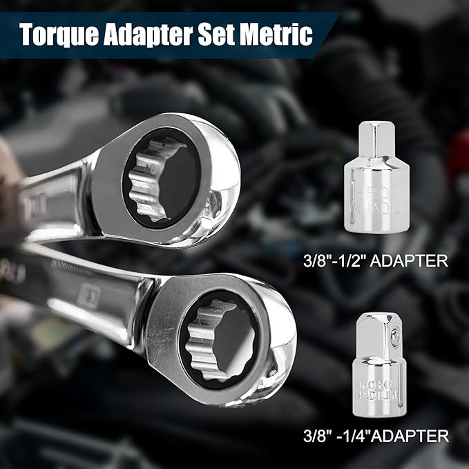 Torque Adapter Set Metric 12-PCS, Includes 10, 11, 12, 13, 14, 15, 16, 17, 18, 19mm Torque Wrench Adapter, 12 Point Torque Extender Adapter with 1/2" + 1/4" Drive Converters