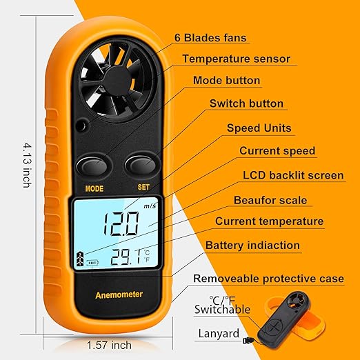 Anemometer Handheld, Light Weight Digital Wind Speed Meter, Wind Speed Temperature Gauge with Digital LCD Display for Kite Flying, Meteorology, Fishing, Surfing