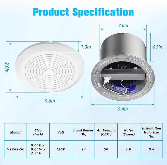 V2262-50 7 Inch Bathroom Exhaust Fan, 1.0 Sones, 50 CFM Ceiling Exhaust Fan, for 8" Opening, Quiet Effective Ventilation for Bathroom, Laundry Room, Kitchen, Mobile Home