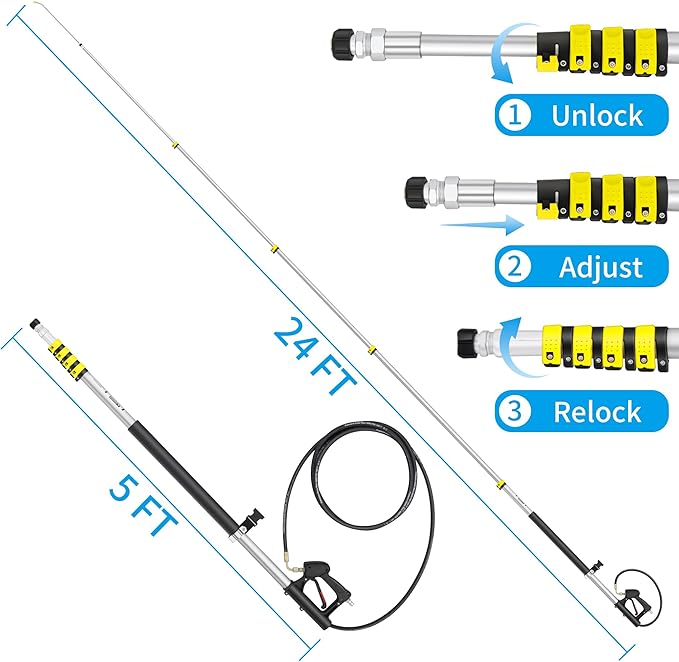 24 FT Telescoping Pressure Washer Wand Extension, Hot Water Supported Power Washer Extension Wand with Turbo Nozzle, 5 Nozzle Tips, 2 Adapters, Harness, Gutter Cleaning Tools from The Ground