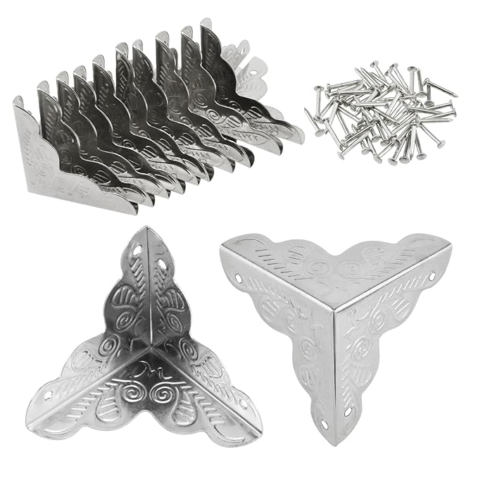 SDTC Tech 12 Pack Furniture Corner Protector 1" x 1" Antique Silver Triangle Edge Decorative Metal Corner Guard for Storage Box Jewelry Case Cabinet Coffee Table Wooden Chest etc.