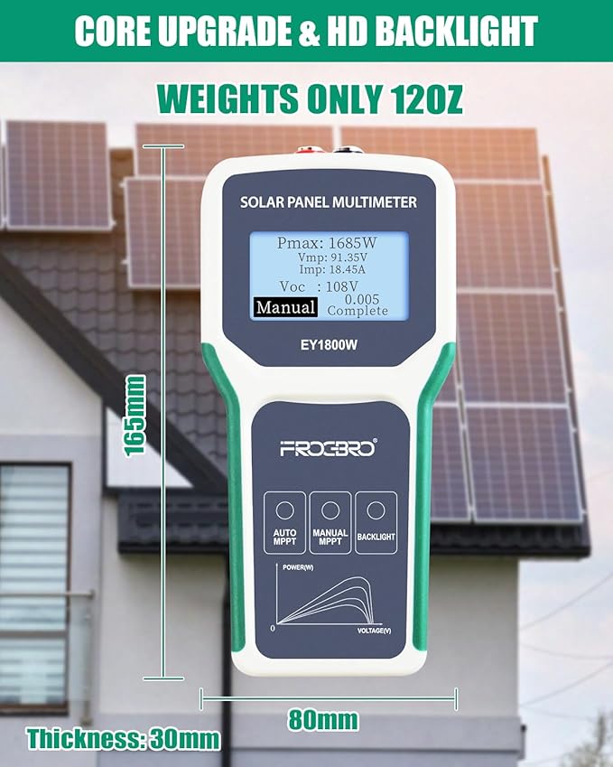 FrogBro 1800W Solar Panel Tester Photovoltaic Multimeter, Troubleshooting Tool with Smart MPPT Display, Upgraded Measuring Range (5~1800W, 20~120V, 0~60A) for Solar PV Panel Testing and Data Analysis