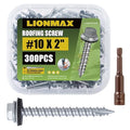 LIONMAX Metal Roofing Screws #10 × 2 Inch, 300-PCS, Rustproof Coating Hex Head Sheet Metal to Wood Siding Screw with Rubber Washer, Sharp Point, Hex Socket Included