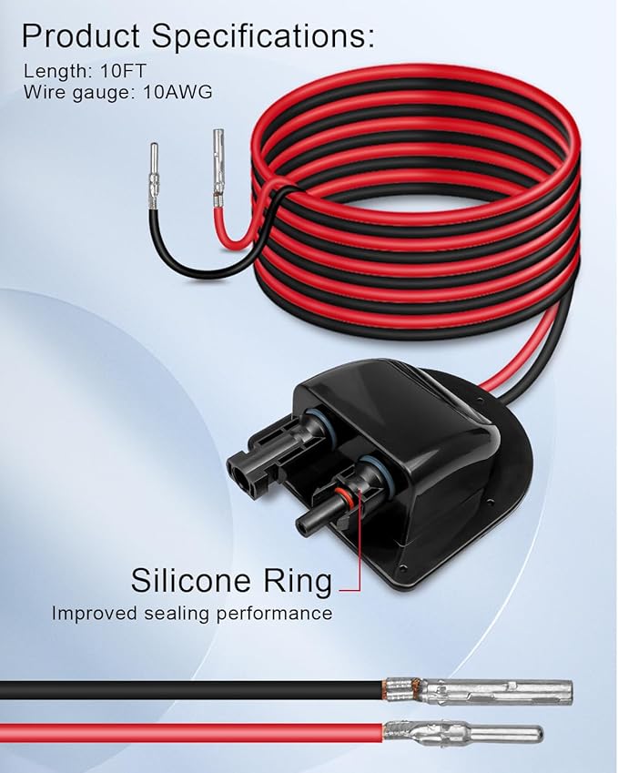 Weatherproof Solar Cable Entry Gland Entry Housing Solar Junction Box Fit for RV Boat, Camper, Van, Building, Garage, Shack, with 10Ft 10AWG Solar Extension Cable Connector