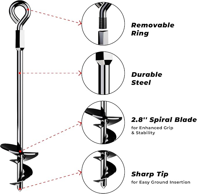 15" Ground Anchors Screw-in - Heavy Duty for High Winds - Ground Stakes - Earth Anchors for Sheds, Swing Sets, Tents, Trampolines, Gazebos, Carports, and Hurricane Tie-Downs