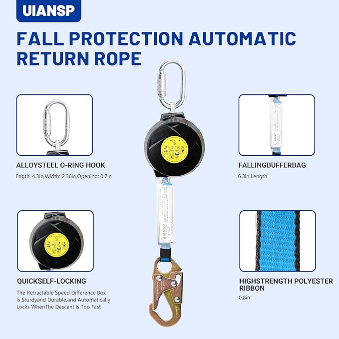 11FT Self Retracting Lifeline Fall Protection Retractable Safety Lanyard Rectracting Lifeline Personal Fall Arrest Protection ANSI Self Retractable Gear for Roofing Construction(Small Hook)