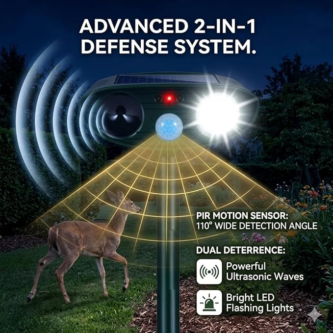 2026 Upgraded Sonic Fortress Pro Deer Repellent Outdoor,Solar Ultrasonic Animal Repellent with Motion Sensor&Flash Light-IP65 Waterproof Cat Deterrent Outdoor for Raccoon,Squirrel-Garden&Yard (4 Pack