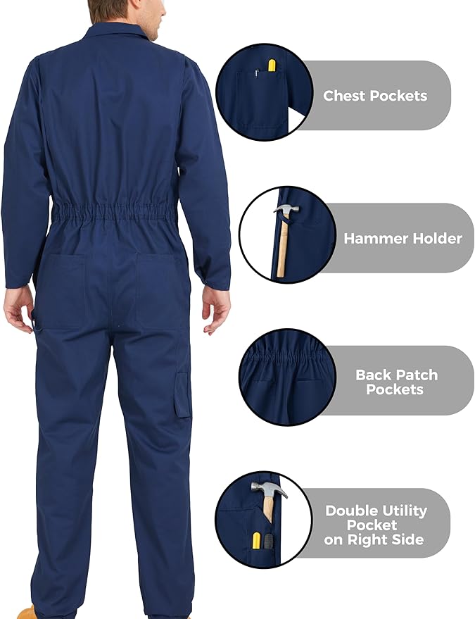 Ubon Long Sleeve Coveralls for Men, Zip Front Cotton Twill Work Coverall, Action Back Jumpsuit with Pockets