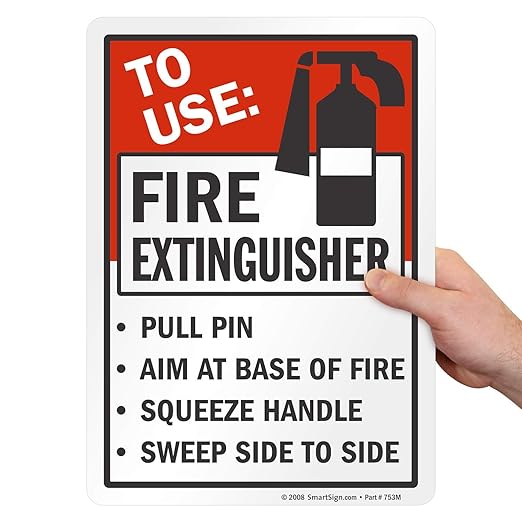 SmartSign 7"x5" "To Use Fire Extinguisher - Pull Pin, Aim at Fire, Squeeze Handle, Sweep' Sticker Label with Symbol, 3 mil Laminated Adhesive Polyester, Red/Black/White, USA-Made