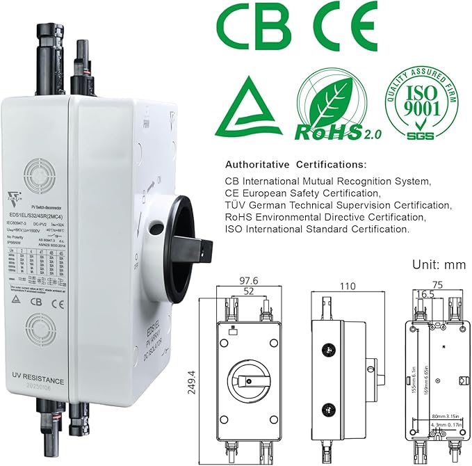 DC1500V 32Amp Solar Disconnect Switch Black Isolator Solar Switch with 2MC4 8KV Waterproof IP66 Enclosure for Rooftop Solar Systems 1-in 1-Out
