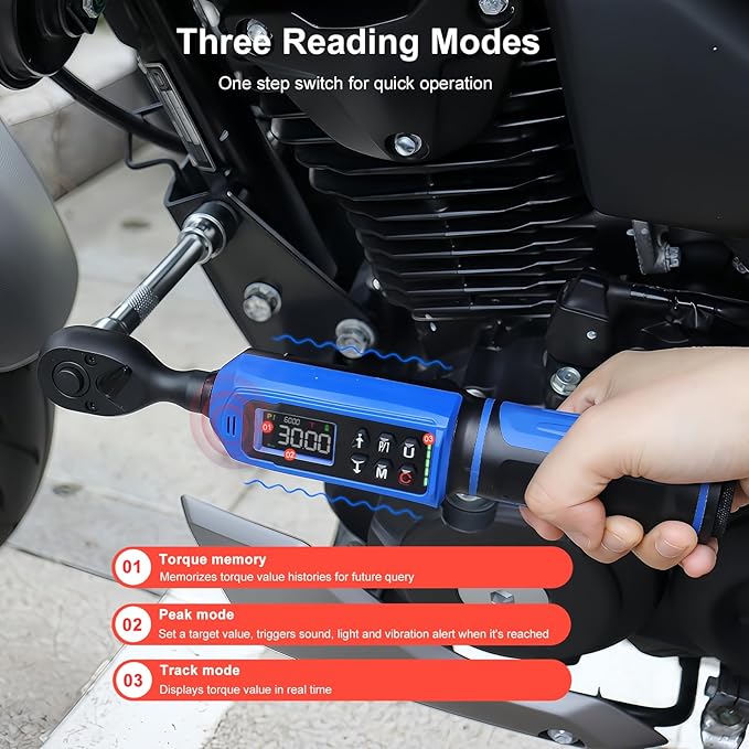 Digital Torque Wrench 3/8 Inch Drive 0.66-44.3 FT.LB (0.9-60Nm),Electronic Inch Pound Torque Wrench ±1% Accuracy 5Units,with Extension Bar 1/4" Adapter for Car,Motorcycle,Bicycle ﻿Buzzer Alarm