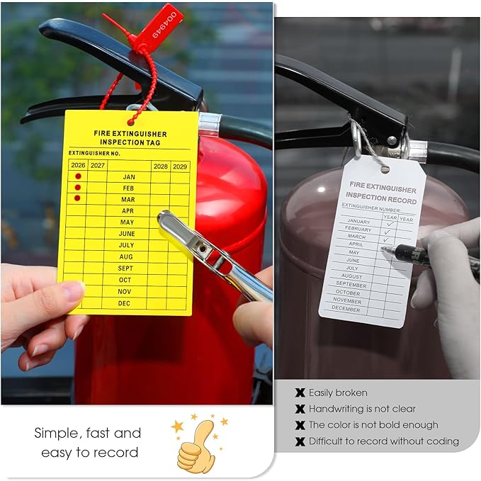 Chunful 101 Pieces Monthly Fire Extinguisher Inspection Tags 2026 to 2029 Plastic Maintenance Record Tags 5 x 3.25 Inch with Hole Puncher Adjustable Wire Ties Tamper Seals Numbered Security(Yellow)