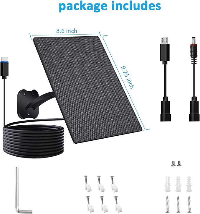 FUTUREZEN Solar Panel for Security Camera, 10W Solar Charger with DC 5.5x2.1mm, USB-C & Micro USB Port, IP66 Waterproof, 360° Adjustable Mount, 7.2FT Cable, Black