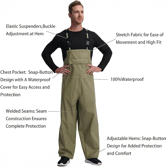 Men's Waterproof Workwear Bib Overalls - Heavy Duty Stretchable Rain Bibs for Fishing & Outdoor Work