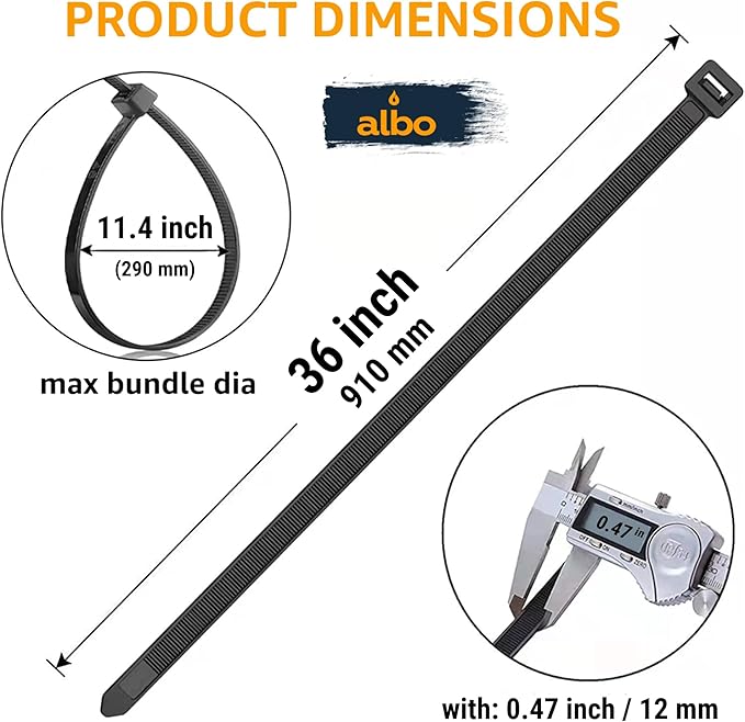 ALBO Black Zip Ties 36 Inch Plastic Cable Ties 50 Pack Tie Wraps Heavy Duty 200lb UV Resistant Nylon Wire Ties