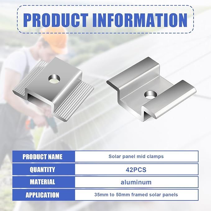42 Pack Solar Panel Mid Clamps, Solar Panel Clamps Bulk, Solar Panel Bracket Aluminium Mounting Accessories for Solar Panel Mounting for Tin Roof, Flat Roof, Sheet Roof, Silver