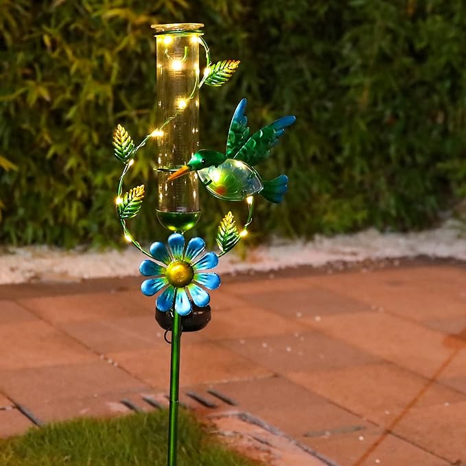 MUMTOP Rain Gauge Outdoor, Solar Powered Decorative Metal Hummingbird Flower Stake for Lawn Yard and Garden