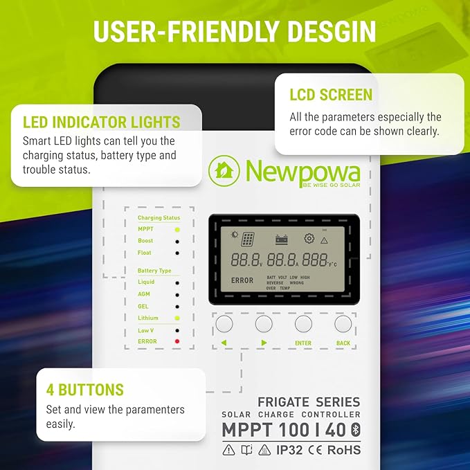 Newpowa 40A MPPT Solar Charge Controller, 12V/24V DC Input, Max Input Power 520/1040W