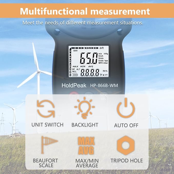 [2 PCS] HoldPeak Handheld Anemometer Barometer, Weather Meter for Wind Speed, Temperature, Humidity, Dew Point, Altitude, Barometric Pressure, Wind Chill Measuring, Digital Wind Guage 866B-WM