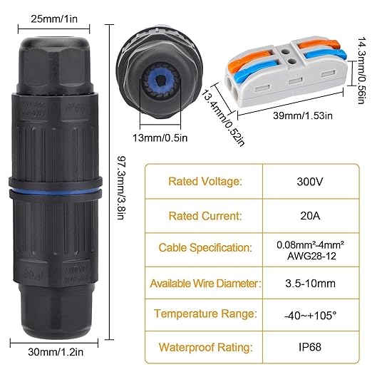 Linkstyle 10PCS Waterproof IP68 Junction Box, Outdoor 2 Way Electrical Cable Connector, with Replaceable Lever Wire Connectors for AWG 28-12 Gauge Wire 2 in 2 Out Quick Terminal