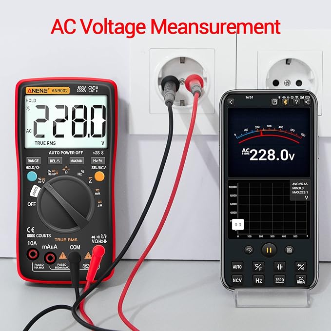 ANENG Bluetooth Multimeter Digital Tester Auto-ranging TRMS 6000 Counts Ohmmeter for AC/DC Voltage,Current,Resistance,Continuity,Capacitance,Diodes,Temperature Meansurement,Volt Meter for Automotive