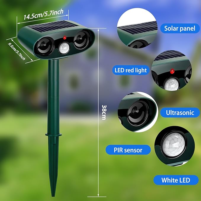 2026 Upgraded Solar Ultrasonic Animal Repeller Outdoor, 4 Pack Waterproof Bear Repellent Devices & Cat Deterrent for Yard, Ultrasonic Animal Repellent for Rabbit, Goose, Raccoon, Squirrel, Dog