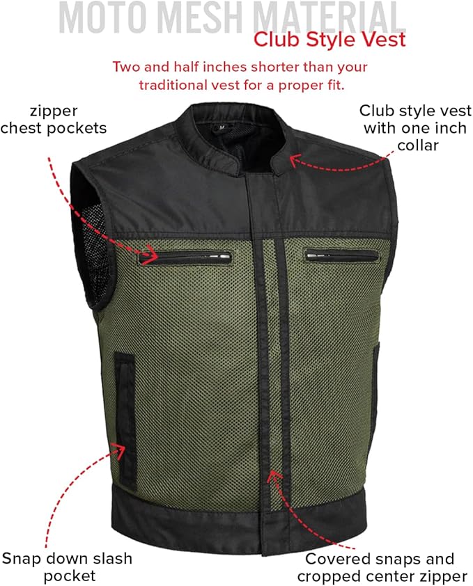 First Mfg Co Lowrider Mens Motorcycle Biker Riding Armor Club Style Black Leather, Twill, Moto Mesh, Perforated Vest