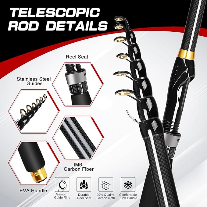 6.89ft Fishing Rod and Reel Combo, 2PCS Telescopic Carbon Fiber Fishing Rod, Spinning Reels *2, Fishing Line *2, Fishing Hooks Bait Set, Portable Fishing Pole Set with Carrier Bag