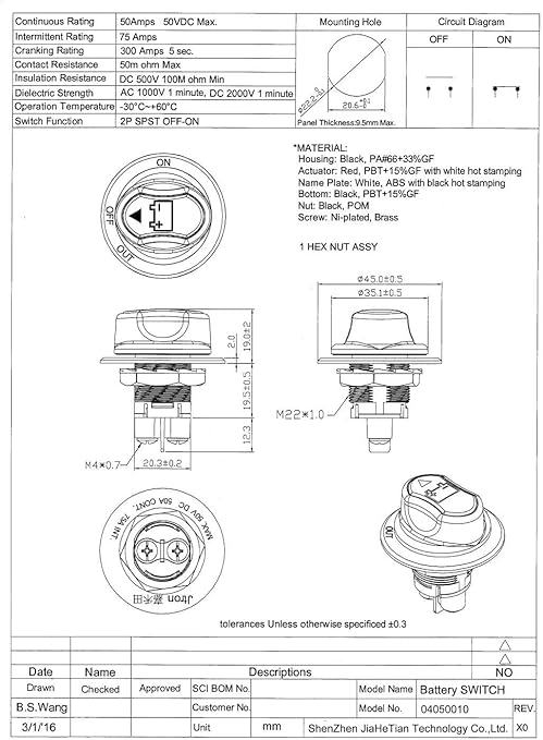 Jtron Car Battery Disconnect Switch MAX.50V DC 50A Cont 75A INT Battery Master Cut Off Isolator Switch Waterproof for Car Motorcycle Marine Boat Auto Camper RV ATV UTV Vehicles (NO-OFF-OUT/50A)