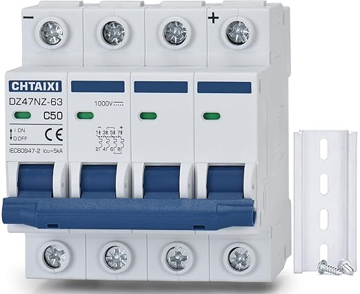 DC Miniature Circuit Breaker, 4 Pole 1000V 50 Amp Isolator for Solar PV System, Thermal Magnetic Trip, DIN Rail Mount DC Disconnect Switch C50