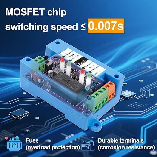 DC Automatic Transfer Switch 5-60V 5A, Dual Power Backup Selector, 0.007s Fast Switching, Solar/Battery/Starlink Mini/Router/CCTV DC ATS with Reverse & Overload Protection