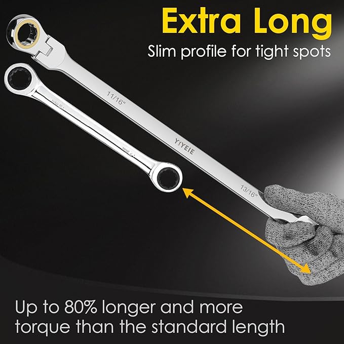 Extra Long Flex-Head Ratcheting Wrench Set, SAE 1/4" to 13/16", 5 Pcs Double Box End Long Handle Ratchet Wrenches, 72-Teeth, CR-V Labor-Saving Aviation Spanner with Pouch, Extra Torque for Tight Bolts