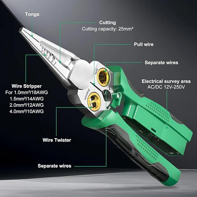 8 in 1 Wire Stripping Pliers with Voltage Tester, Multi-function Wire Stripper Electrician's Pliers, Electric Wire Stripping Tool, Electrician Repair Tool (Green)