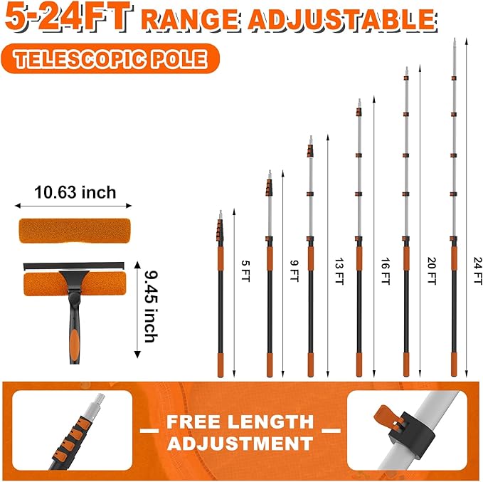 30FT Reach 2-in-1 Window Squeegee, Professional Window Washing Kit with 5-24FT Extension Pole for Home, Indoor Outdoor Squeegee with Rotatable Head for High Windows